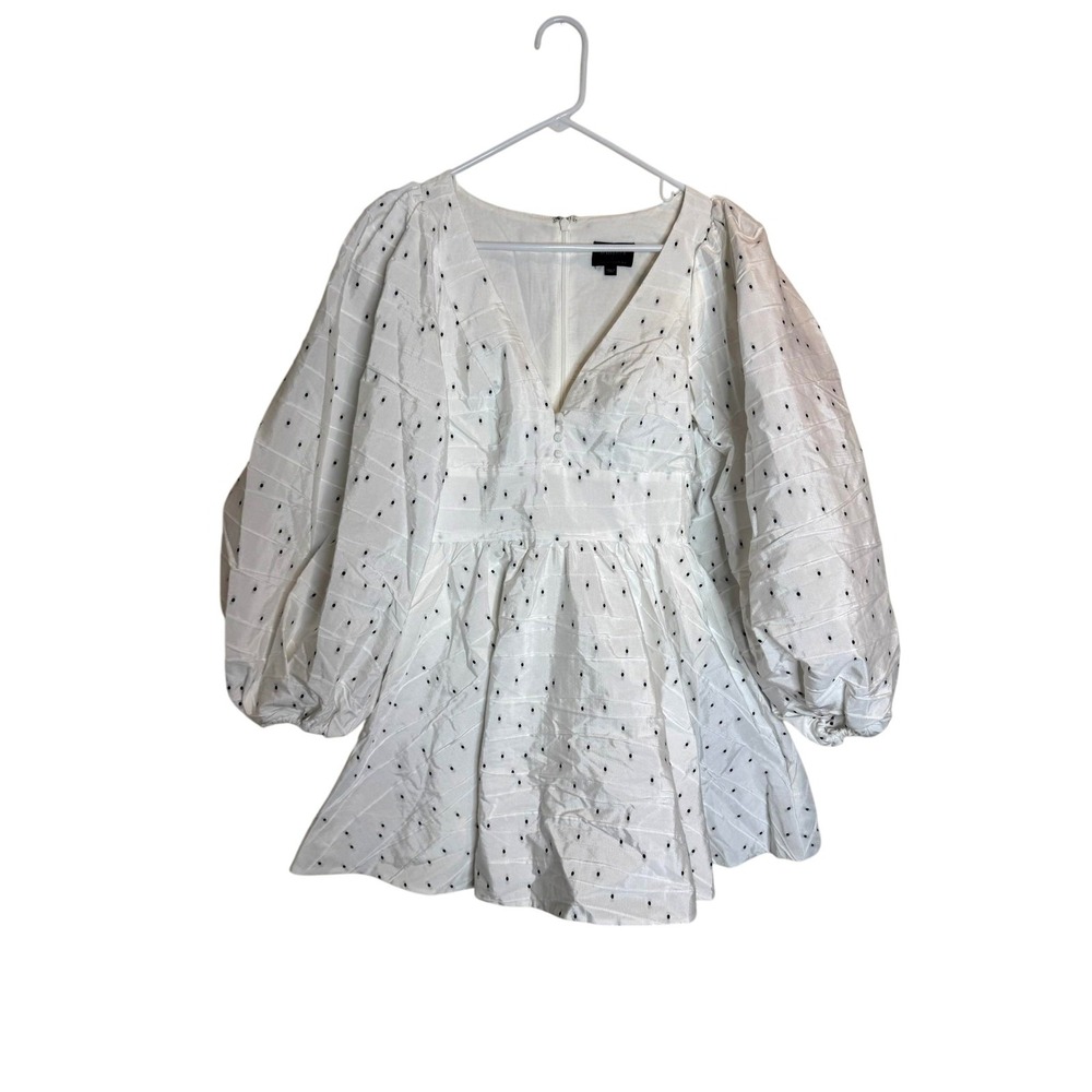 Bardot Mini Dress Womens XS‎ Puff Sleeve Embroidered Polka Dot Party Structured